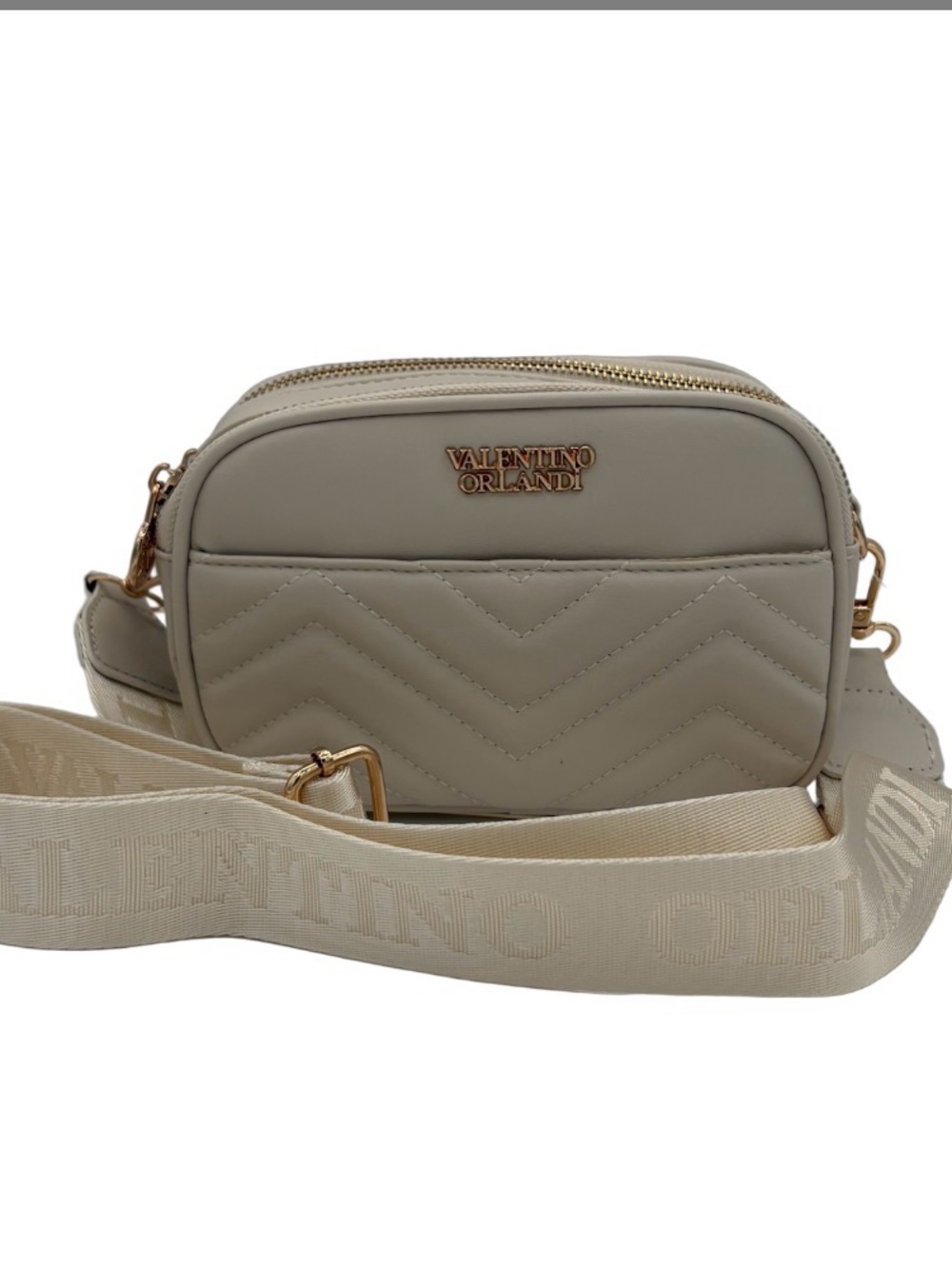 NWT Valentino Orlandi Bone Half Quilted Chevron Crossbody Bag with Gold Hardware